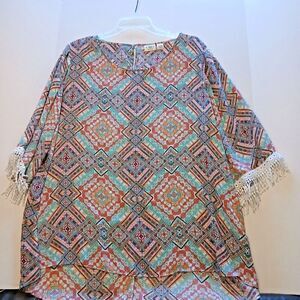 Cato Boho Y2K 3/4 Sleeve with Fringe Blouse. Staple in Your Retro Closet.